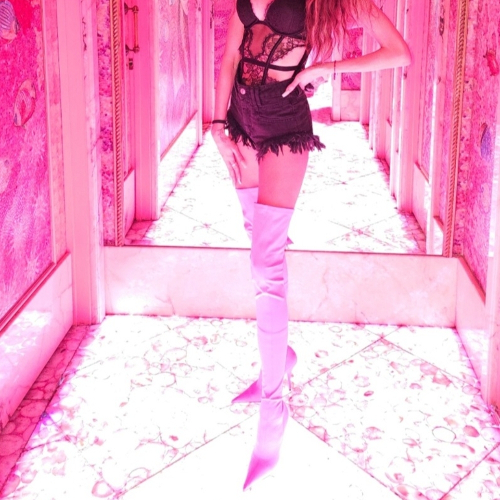 Pink balenciaga knife over the knee boots